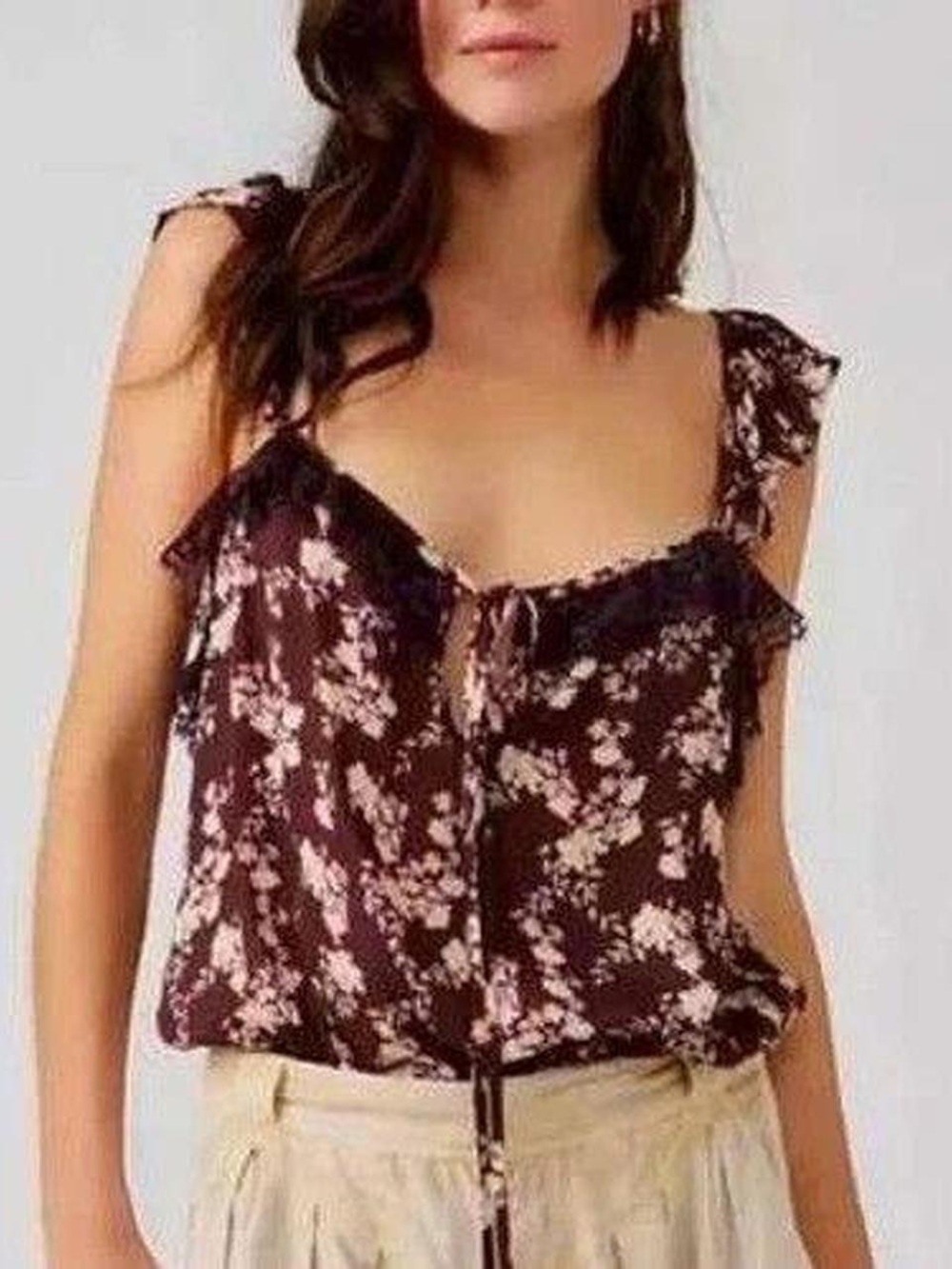 Free People Brown Floral Lace-Trim Chemise Bodysuit
